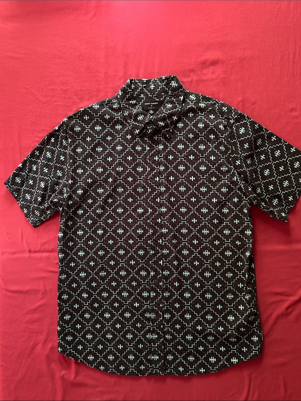 Ocean Current Black Short-Sleeve Button-Down with White Geometric Print